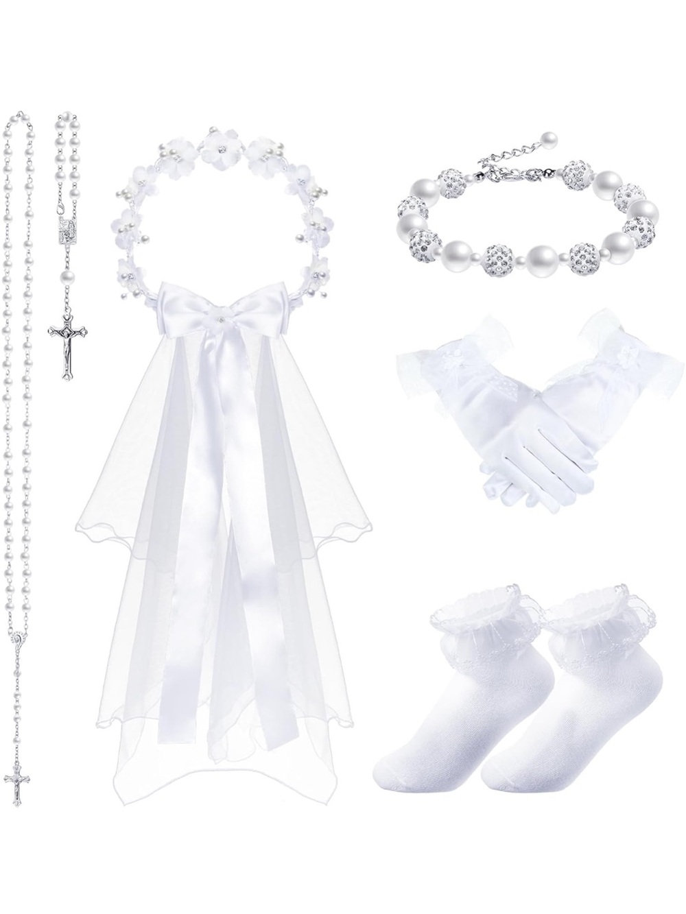 White Communion Accessory Set for Girls - Veil, Gloves, Bracelet, Socks, Rosary